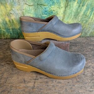 Dansko Blue and Tan Leather Clogs